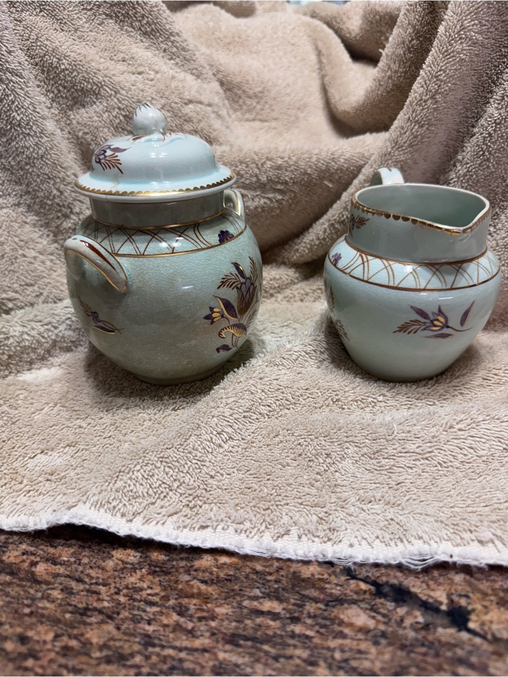 Regent Calyx Ware Green Porcelain Sugar Bowl and Creamer Set with Gold Accents